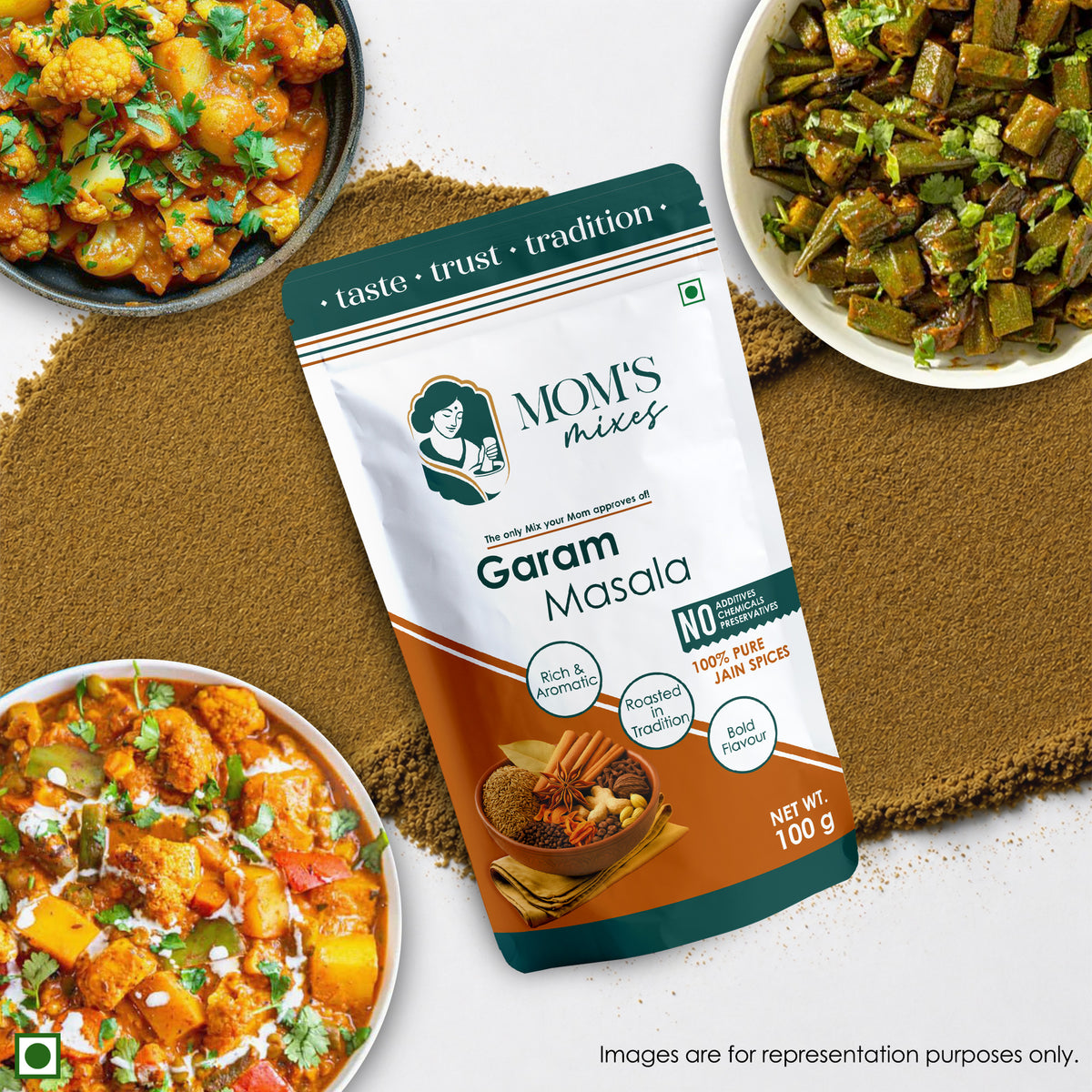 Mom’s Mixes 5 in 1 Combo Pack | Magic Mix + Sambhar + Rajma + Chole + Garam | Ready-to-Mix Jain Spice Blends | 100g Each