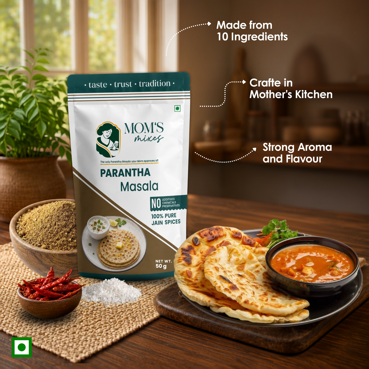 Mom’s Mixes New Launch Combo | Paratha Masala + Pav Bhaji Masala + Kitchen King Masala | No Onion No Garlic | 100% Jain Spices | Complete Premix Masala | 50g x 3