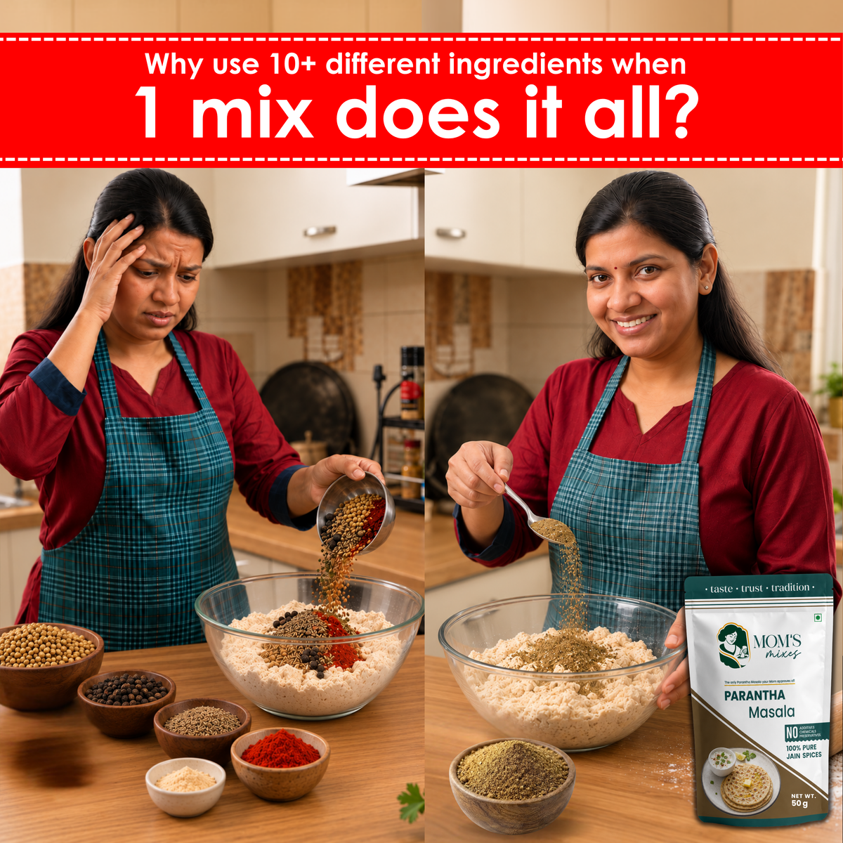 Mom’s Mixes Paratha Masala | No Onion No Garlic | Complete Premix Masala | 100% Jain Spices