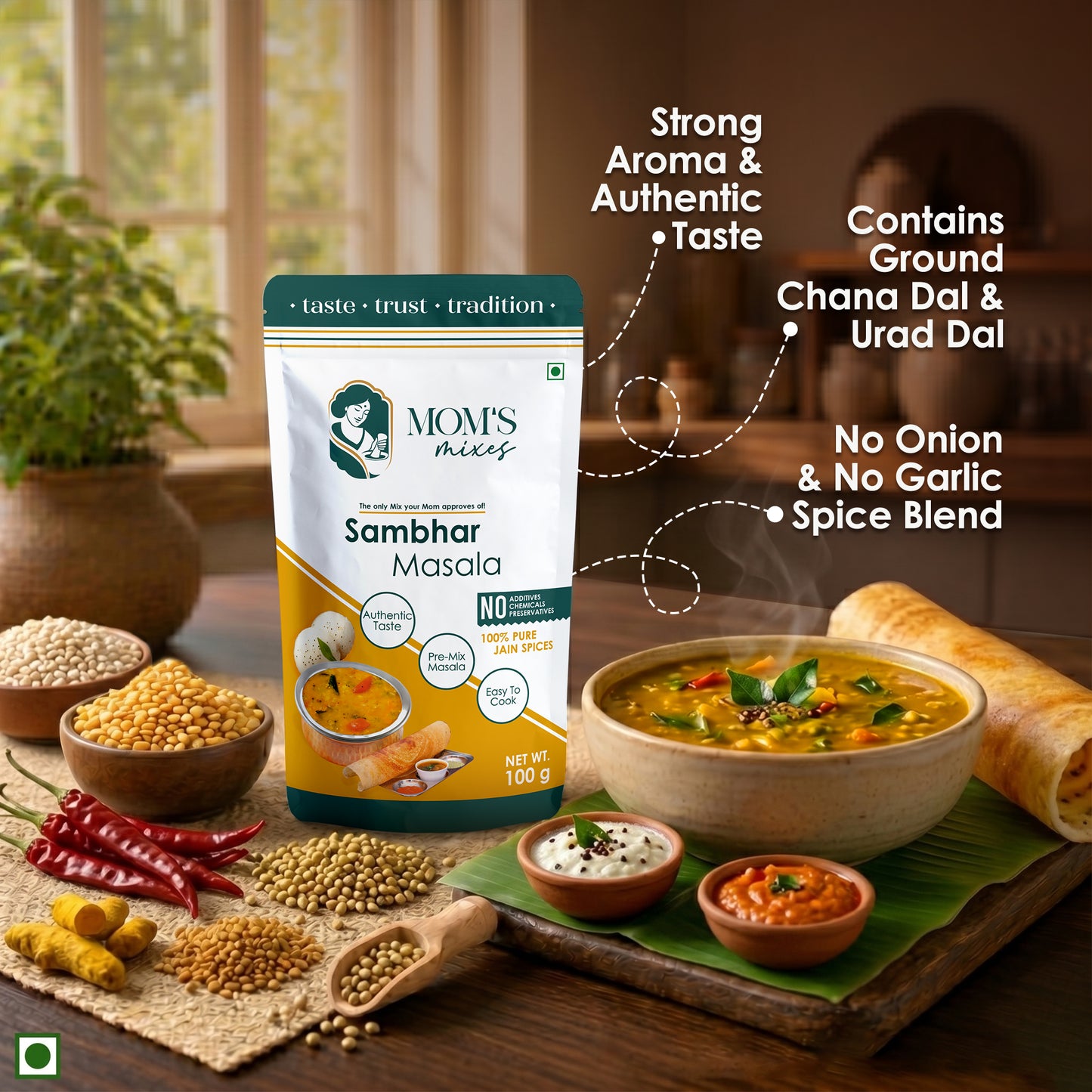 Mom’s Mixes 8-in-1 Combo | Magic Mix, Health Mix, Chole, Rajma, Sambhar, Garam Masala, Turmeric & Coriander | No Onion No Garlic | Ready to Cook | Just add Salt | 100g Each