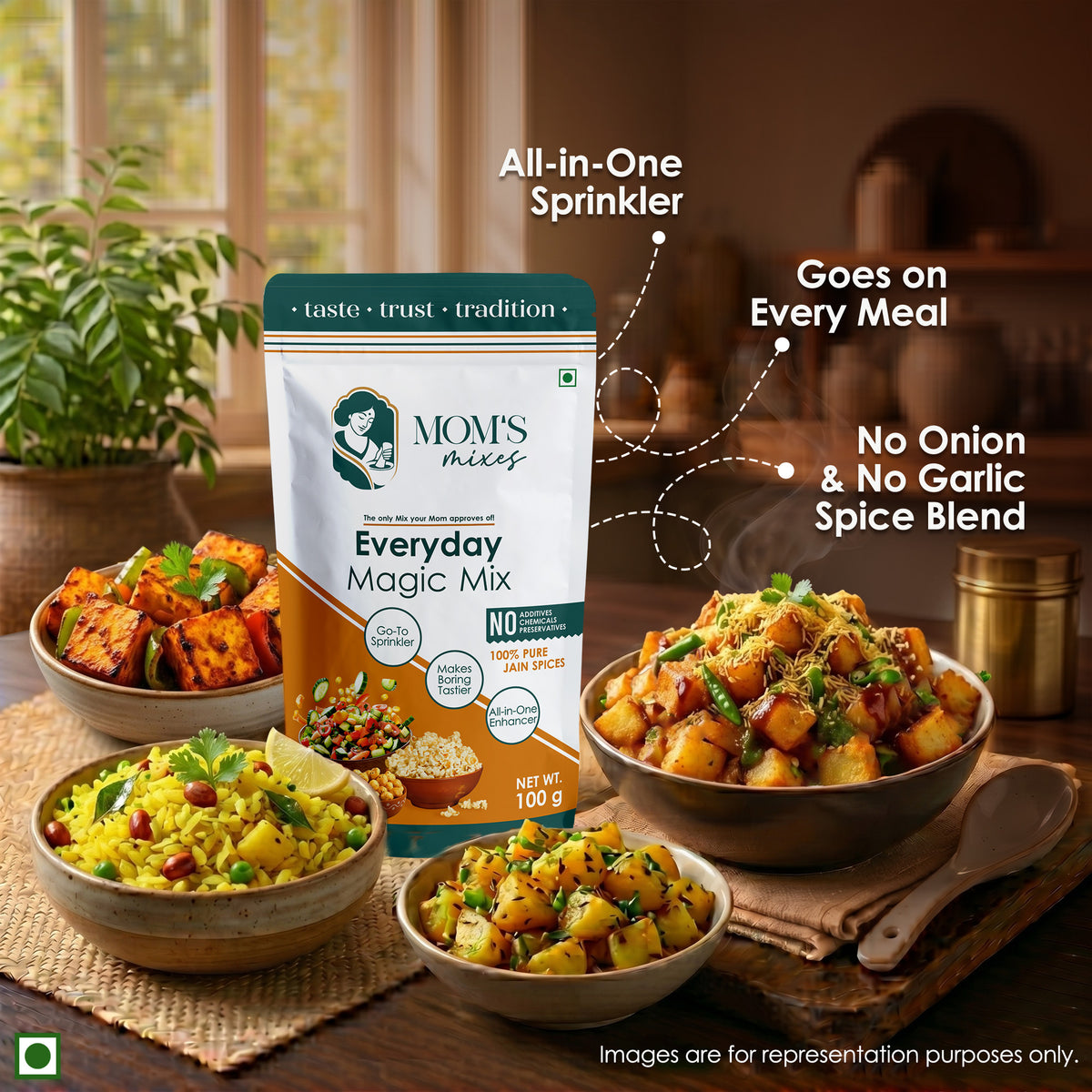Mom’s Mixes 8-in-1 Combo | Magic Mix, Health Mix, Chole, Rajma, Sambhar, Garam Masala, Turmeric & Coriander | No Onion No Garlic | Ready to Cook | Just add Salt | 100g Each