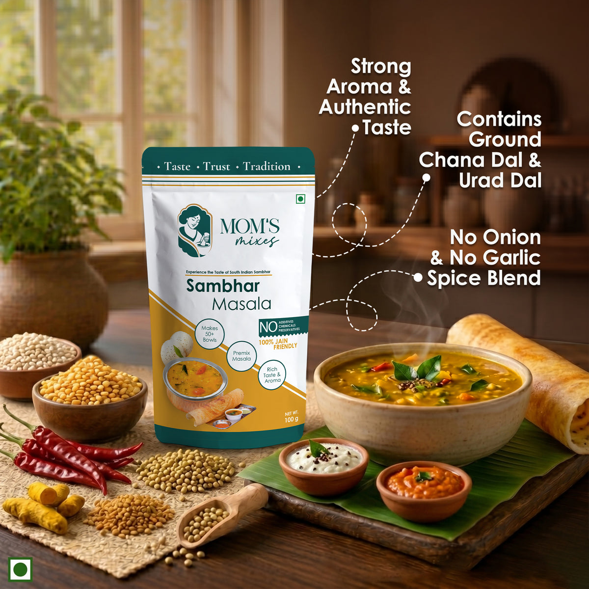 Mom's Mixes Sambhar Masala | Complete Premix Masala for Homestyle Sambhar | Makes 50+ Bowls