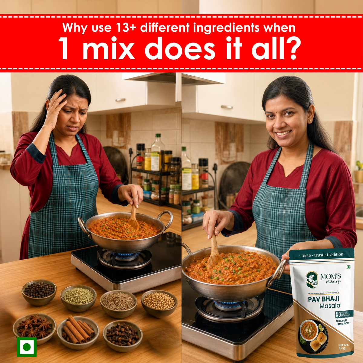 Mom’s Mixes Pav Bhaji Masala | No Onion No Garlic | Complete Premix Masala | 100% Jain