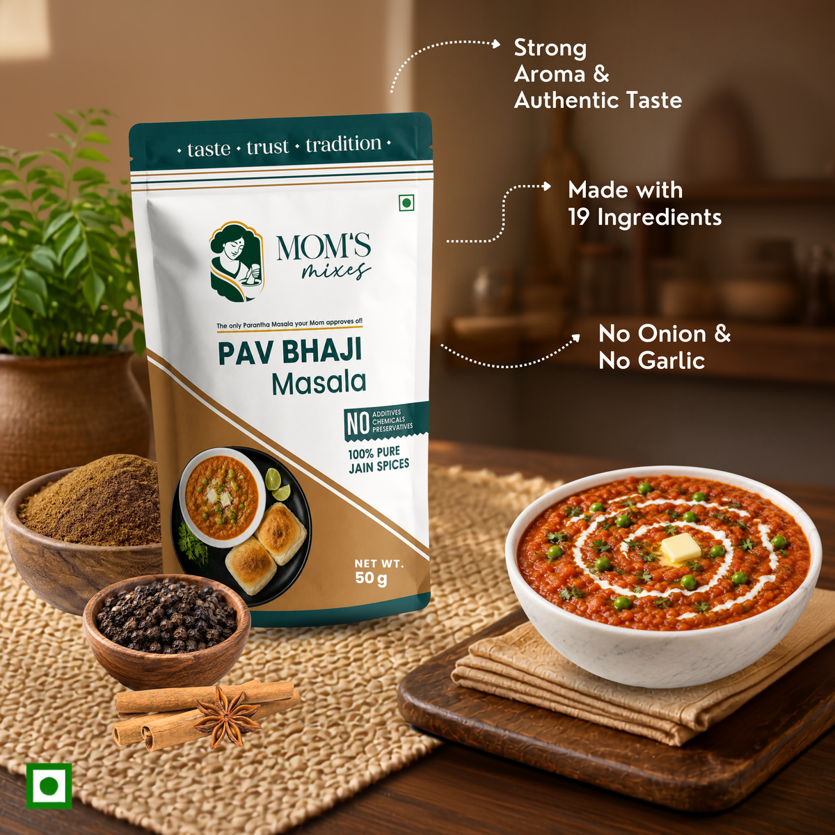Mom’s Mixes Pav Bhaji Masala | No Onion No Garlic | Complete Premix Masala | 100% Jain