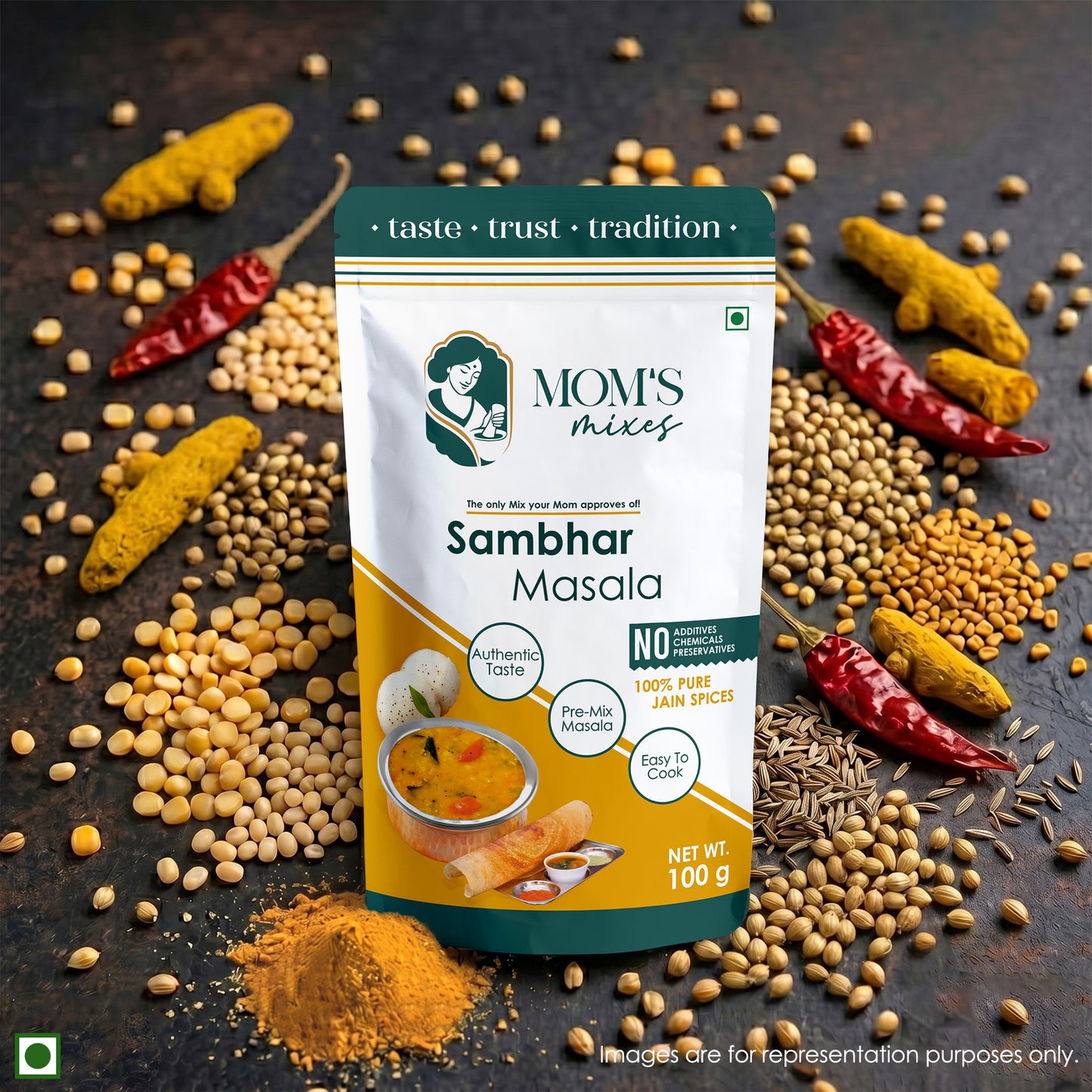 Mom’s Mixes 8-in-1 Combo | Magic Mix, Health Mix, Chole, Rajma, Sambhar, Garam Masala, Turmeric & Coriander | No Onion No Garlic | Ready to Cook | Just add Salt | 100g Each
