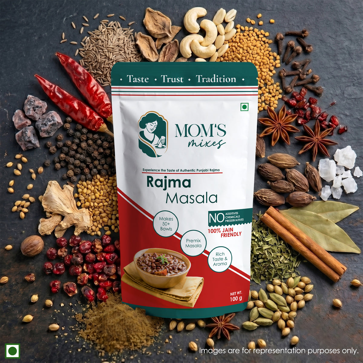 Mom's Mixes Rajma Masala | Complete Premix Masala for Home Style Rajma | Makes 50+ Bowls