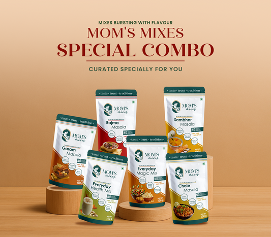 Mom’s Mixes Premium Masala Combo | 6 Blends (Everyday Magic Mix, Everyday Health Mix, Rajma Masala, Chole Masala, Sambhar Masala, Garam Masala) | Jain-Friendly | No Onion No Garlic | 100g Each