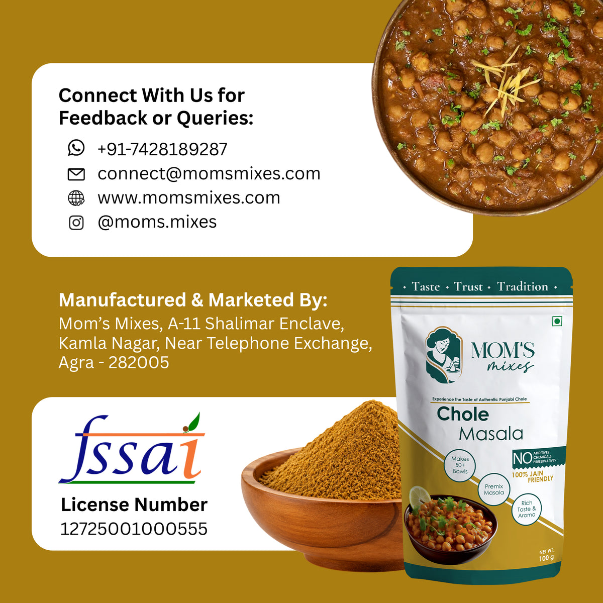 Mom's Mixes Chole Masala | Complete Premix Masala for Authentic Chole | Makes 50+ Bowls