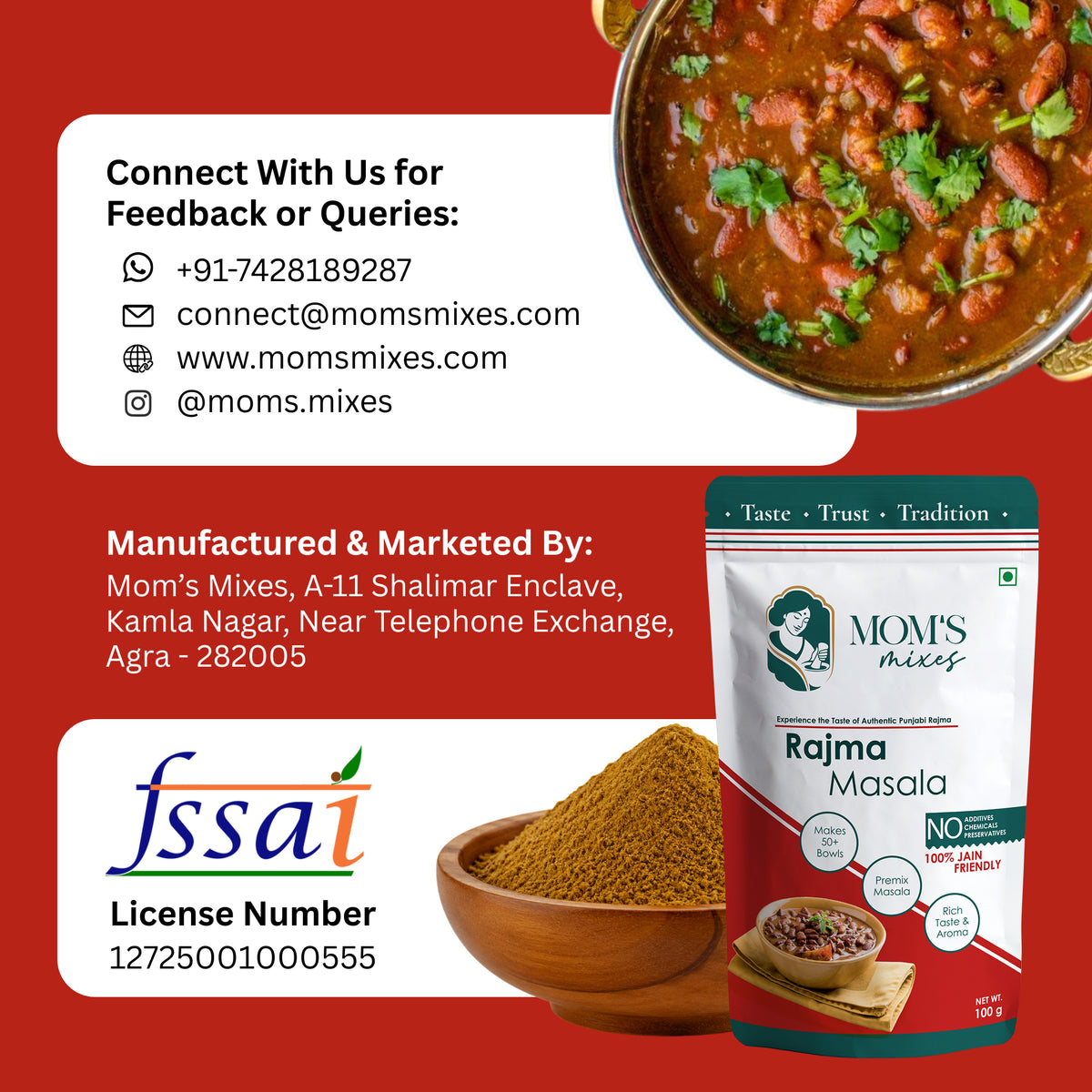 Mom's Mixes Rajma Masala | Complete Premix Masala for Home Style Rajma | Makes 50+ Bowls
