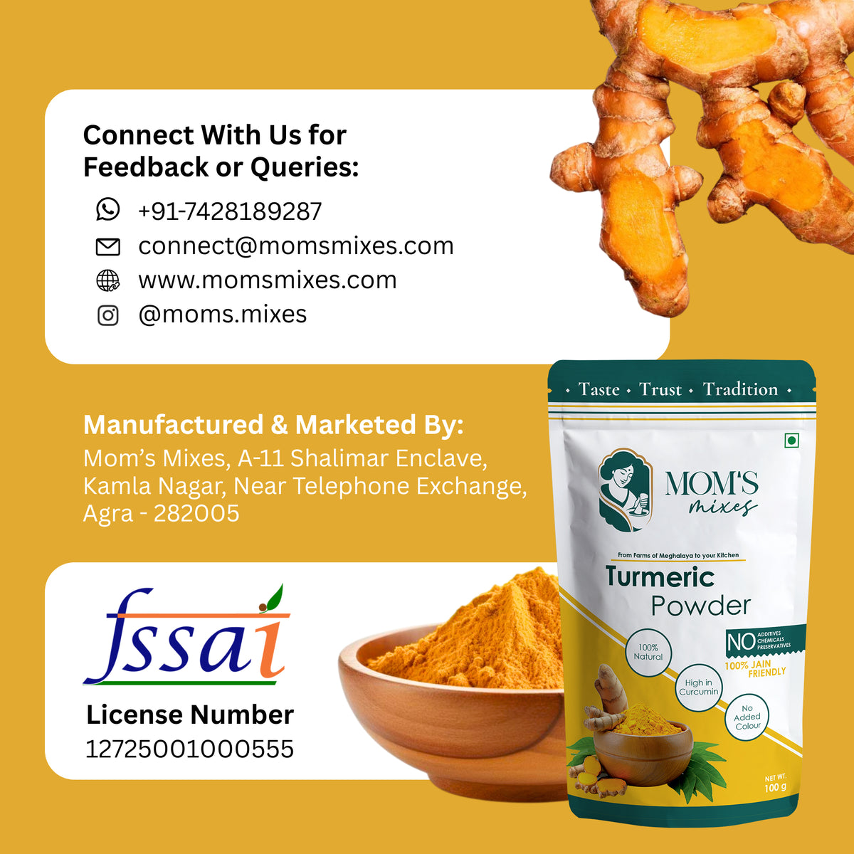 Mom's Mixes Turmeric Powder | High Curcumin | 100% Pure Haldi