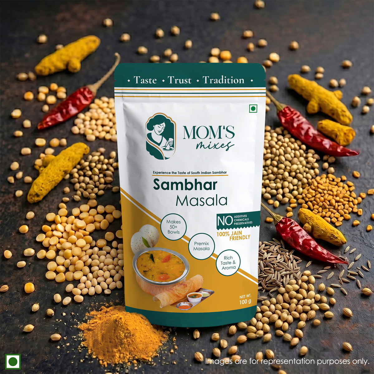 Mom's Mixes Sambhar Masala | Complete Premix Masala for Homestyle Sambhar | Makes 50+ Bowls
