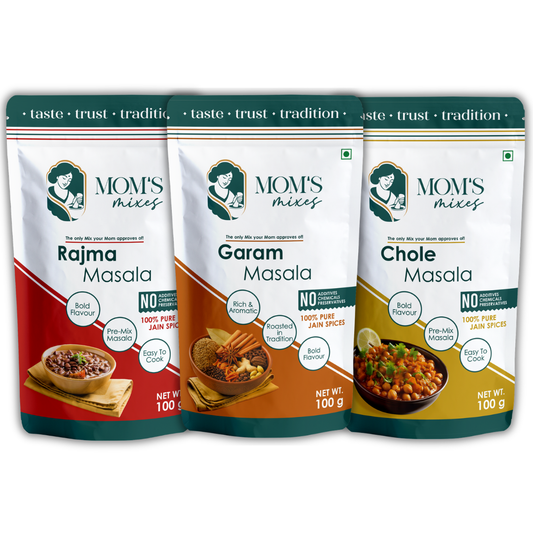 Mom’s Mixes Punjabi Classics Combo | Chole Masala + Rajma Masala + Garam Masala | No Onion No Garlic | Jain Pre-Mix Masala | Just add Salt | 100g Each