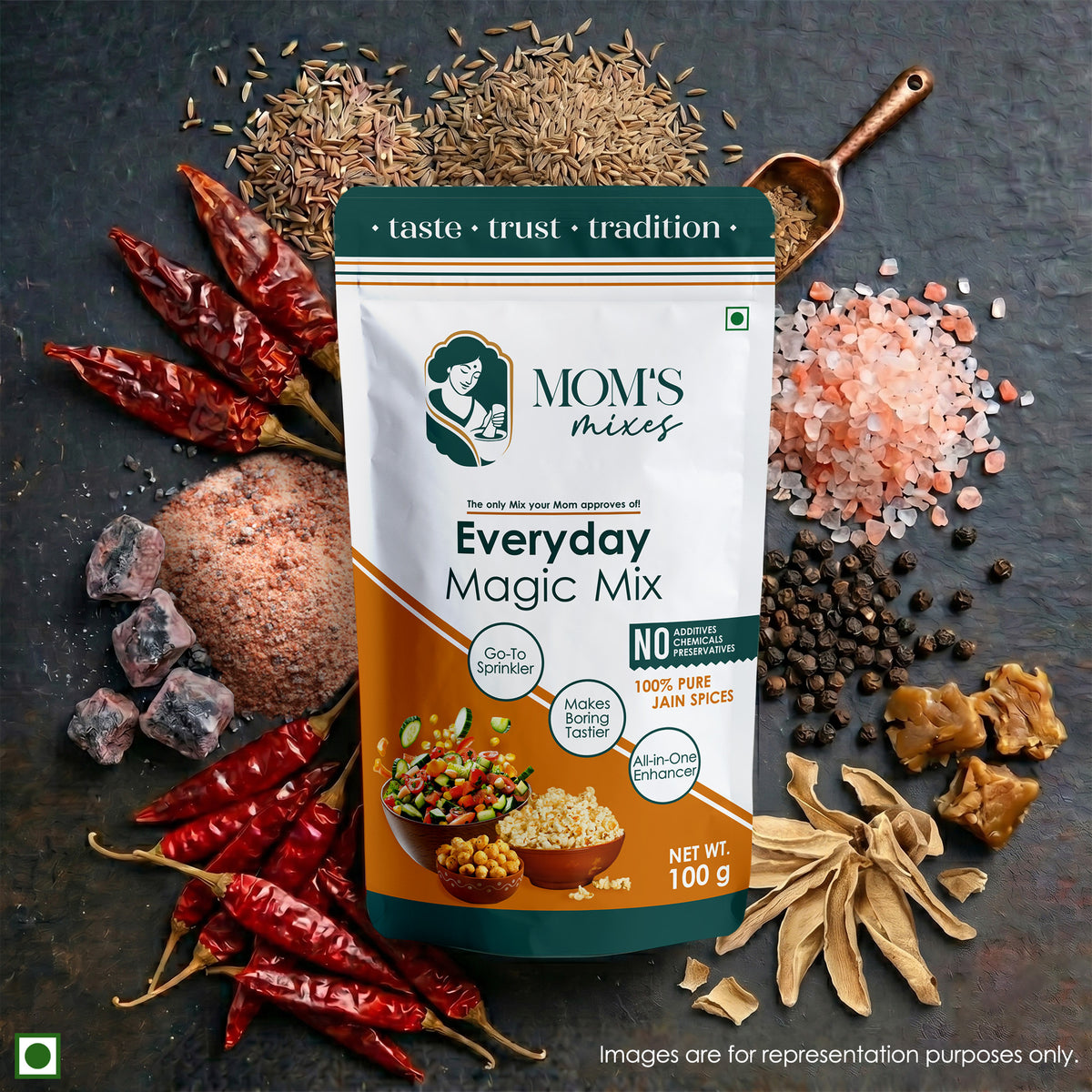 Mom’s Mixes 8-in-1 Combo | Magic Mix, Health Mix, Chole, Rajma, Sambhar, Garam Masala, Turmeric & Coriander | No Onion No Garlic | Ready to Cook | Just add Salt | 100g Each