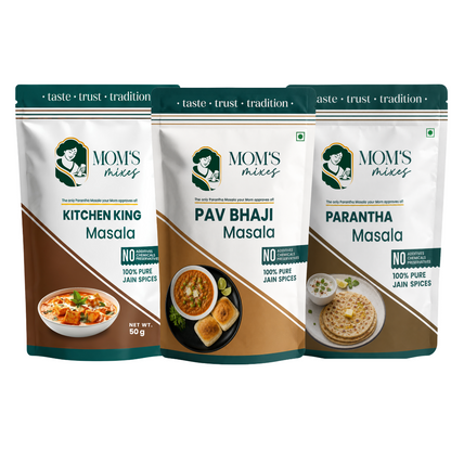 Mom’s Mixes New Launch Combo | Paratha Masala + Pav Bhaji Masala + Kitchen King Masala | No Onion No Garlic | 100% Jain Spices | Complete Premix Masala | 50g x 3