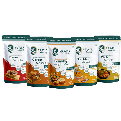 Mom’s Mixes 5 in 1 Combo Pack | Magic Mix + Sambhar + Rajma + Chole + Garam | Ready-to-Mix Jain Spice Blends | 100g Each