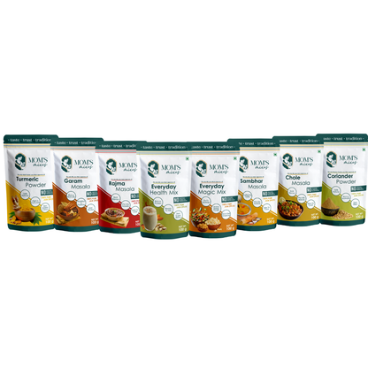 Mom’s Mixes 8-in-1 Combo | Magic Mix, Health Mix, Chole, Rajma, Sambhar, Garam Masala, Turmeric & Coriander | No Onion No Garlic | Ready to Cook | Just add Salt | 100g Each