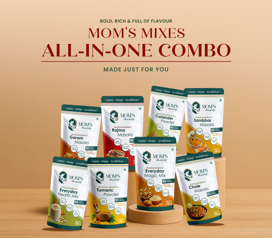 Mom’s Mixes All-in-One Combo | 8 Spice Essentials (Everyday Magic Mix, Everyday Health Mix, Rajma Masala, Chole Masala, Sambhar Masala, Garam Masala, Turmeric Powder, Coriander Powder) | Jain-Friendly | 100g Each