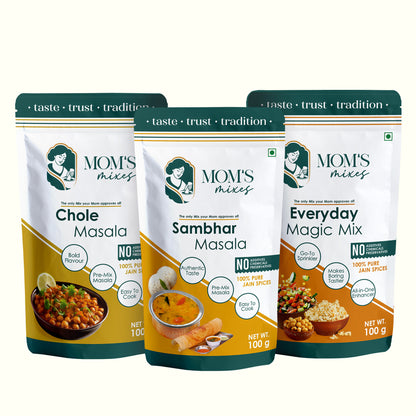 Mom’s Mixes 3 in 1 Combo Pack | Magic Mix + Sambhar + Chole | Ready-to-Mix Jain Spice Blends | 100g Each