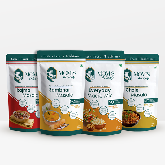 Mom’s Mixes 4 in 1 Combo Pack | Magic Mix + Sambhar + Rajma + Chole | Ready-to-Mix Jain Spice Blends | 100g Each
