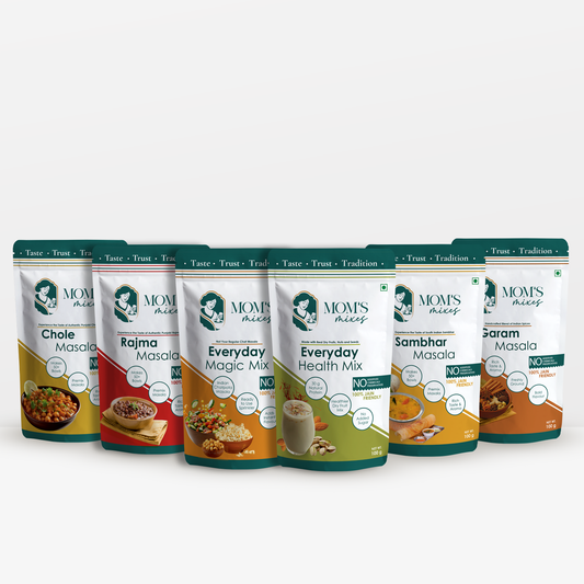 Mom’s Mixes 6-in-1 Combo | Everyday Magic Mix (Chatpata Masala) + Health Mix + Chole Masala + Rajma Masala + Sambhar Masala + Garam Masala | No Onion No Garlic | Premix Masala | Makes 50+ Bowls | 100% Jain | 100g Each