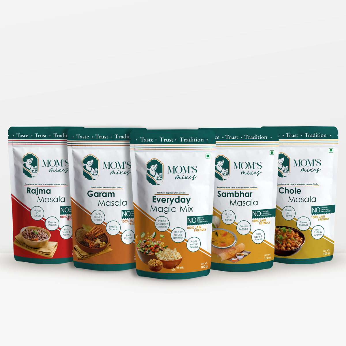 Mom’s Mixes 5 in 1 Combo Pack | Magic Mix + Sambhar + Rajma + Chole + Garam | Ready-to-Mix Jain Spice Blends | 100g Each