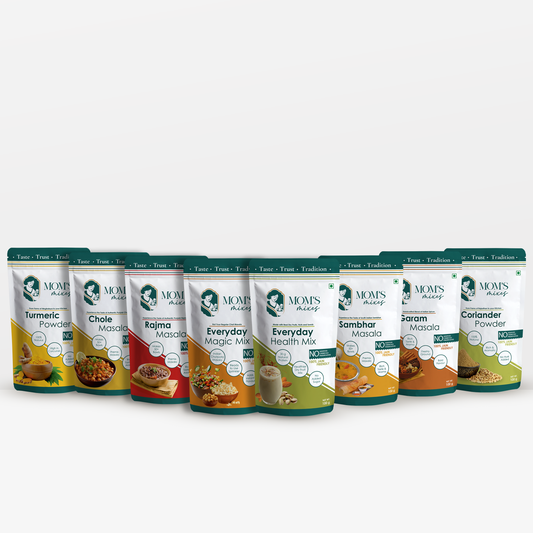 Mom’s Mixes 8-in-1 Combo | Magic Mix, Health Mix, Chole, Rajma, Sambhar, Garam Masala, Turmeric & Coriander | No Onion No Garlic | Ready to Cook | Just add Salt | 100g Each