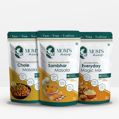 Mom’s Mixes 3 in 1 Combo Pack | Magic Mix + Sambhar + Chole | Ready-to-Mix Jain Spice Blends | 100g Each