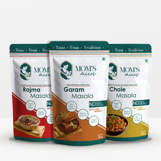 Mom’s Mixes Punjabi Classics Combo | Chole Masala + Rajma Masala + Garam Masala | No Onion No Garlic | Jain Premix Masala | Just add Salt | 100g Each