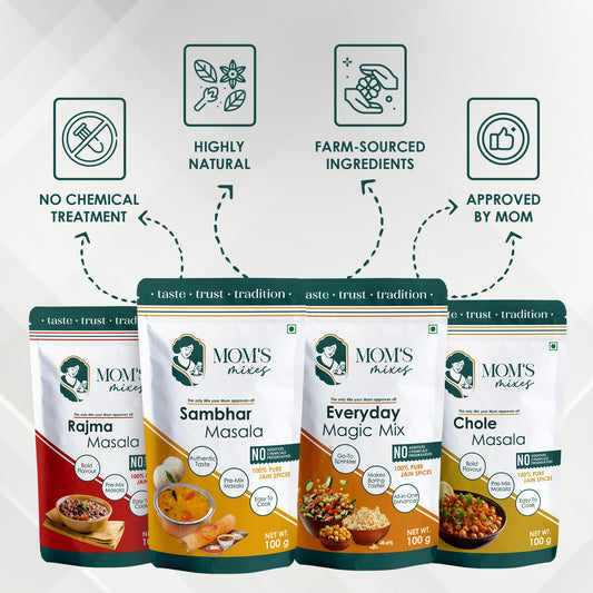 Mom’s Mixes 4 in 1 Combo Pack | Magic Mix + Sambhar + Rajma + Chole | Ready-to-Mix Jain Spice Blends | 100g Each